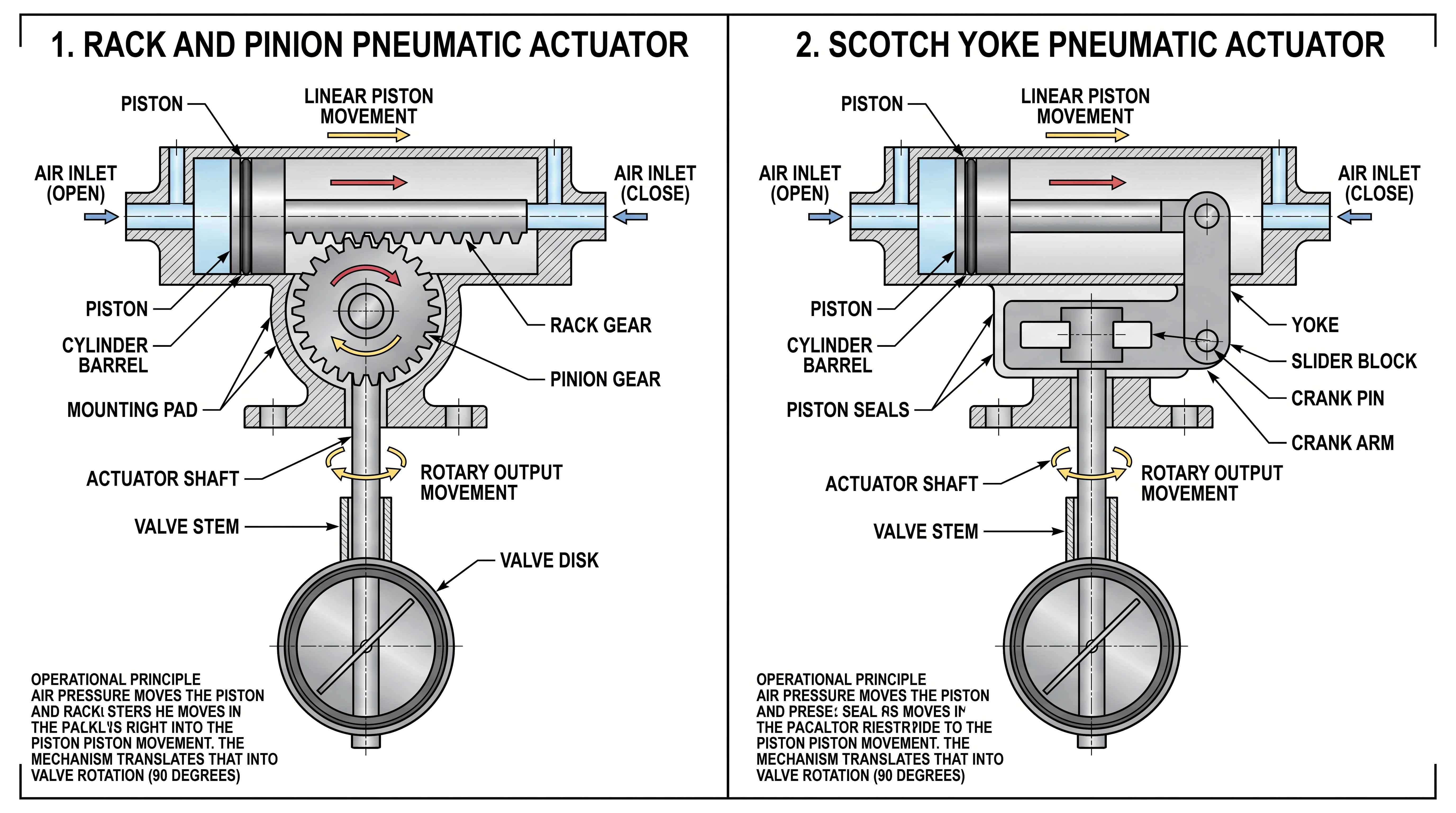Mechanism comparison of rack and pinion and scotch yoke pneumatic actuators for quarter turn valve automation